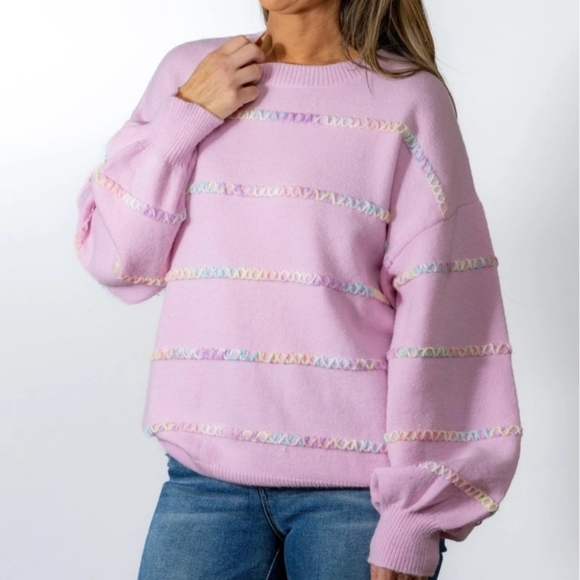 Fantastic Fawn Sweaters - NEW Pastel Lavender/Pink Stitch Knit Sweater Oversize L/XL/XXL
